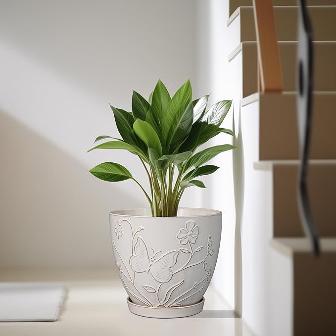 10 Inch Plant Pot Ceramic Planter Pot with Drainage Hole and Saucer Round Planter Large Flower Pot for Indoor Outdoor Plants Home Garden Decor White-HomvellaHome