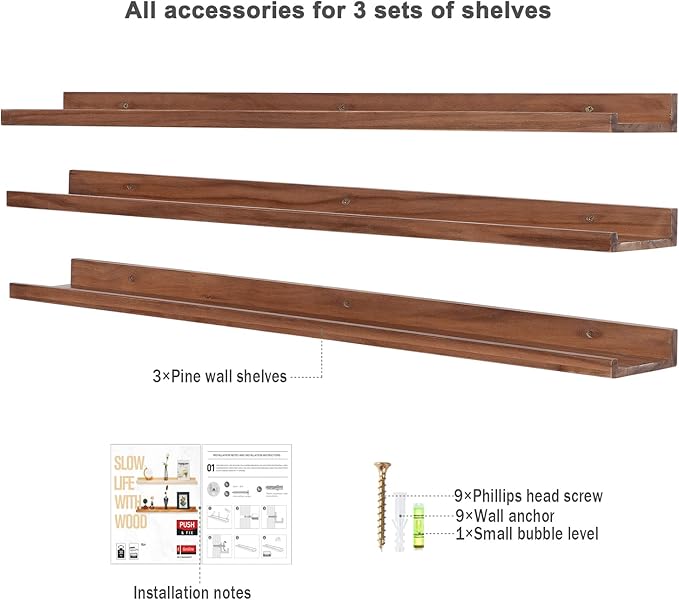 AZSKY 48 Inch Long Floating Shelves Wall Mounted Light Walnut Narrow Photo Picture Ledge Shelves Set of 3 Nursery Book Shelves Photo Frames Display Shelves Kitchen Spice Rack-HomvellaHome
