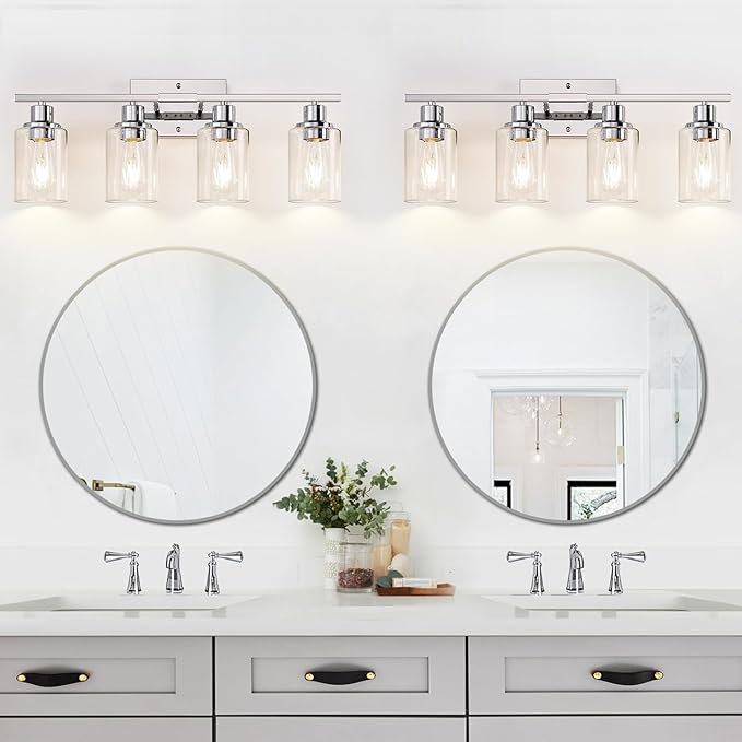 4 Light Bathroom Light Fixtures, Chrome Vanity Lights with Clear Glass Shades, Modern Bathroom Light Fixtures Over Mirror, Modern Bathroom Wall Lamp for Mirror Living Room Cabinet-HomvellaHome