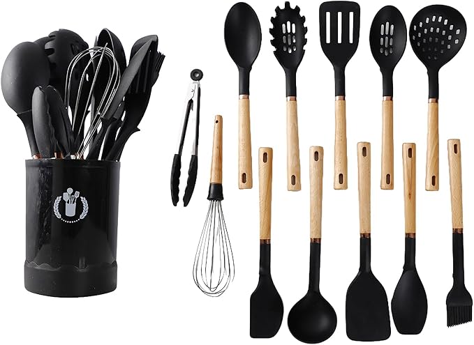 13-Piece silicone utensil set wood handle nonstick cookware safe dishwasher safe kitchen tools BPA free heat resistant (450°F/230°C) ceramic pan safe cooking gifts housewarming (Black)-HomvellaHome