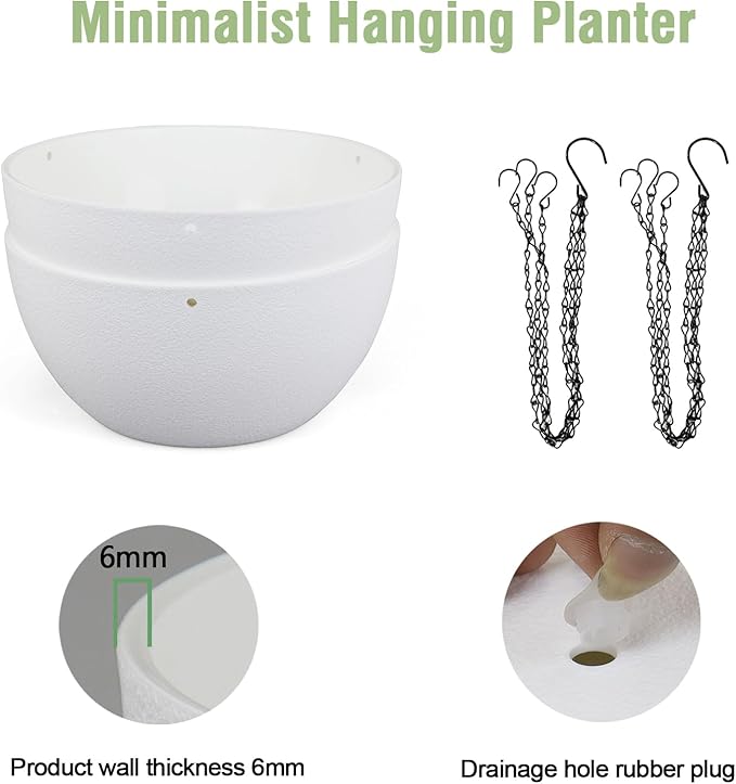 10 inch Hanging Planters for Indoor Outdoor Plants, 2 Pack Hanging Flower Pots with Drainage Holes and Chain for Garden Balcony Porch, Round Plastic Hanging Baskets for House Plants, White-HomvellaHome