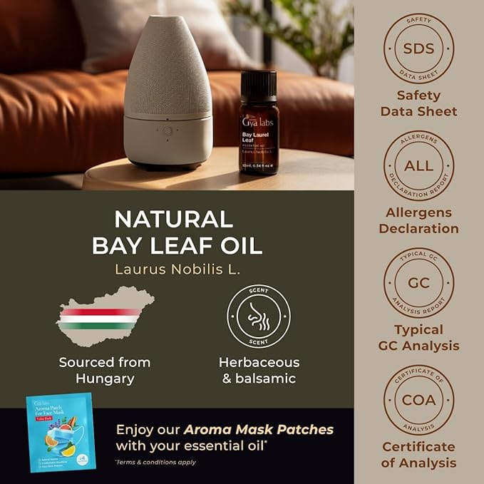 Gya Labs Bay Leaf Essential Oil for Diffuser - 0.34 Fl Oz - 100% Natural Bay Laurel Oil for Hair, Skin & Candle Making Scent-HomvellaHome