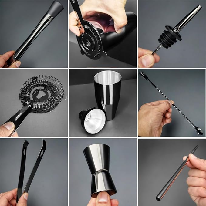 14-Piece Cocktail Shaker Set Bartender Kit with Black Stand, Bar Tool Set for Drink Mixing Bartending Kit Bar Sets Accessories: 750ml(25oz) Shaker, Jigger, Muddler, Cocktail Recipes (Black)-HomvellaHome