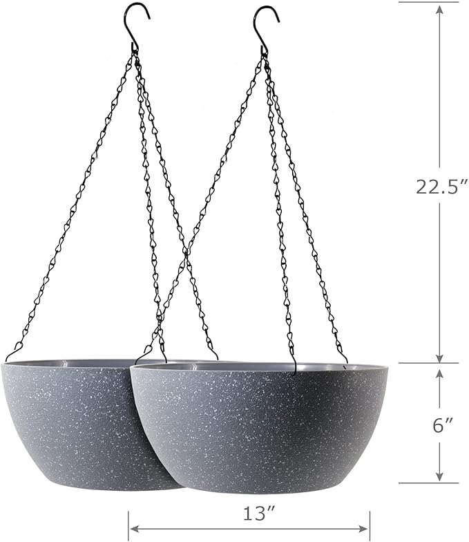 13 inch Large Hanging Planters Plant Pots for Outdoor Indoor Plants with Drainage Holes and Chain, 2 Pack Round Hanging Flower Pots for Garden Home Porch Decor, Speckled Grey-HomvellaHome