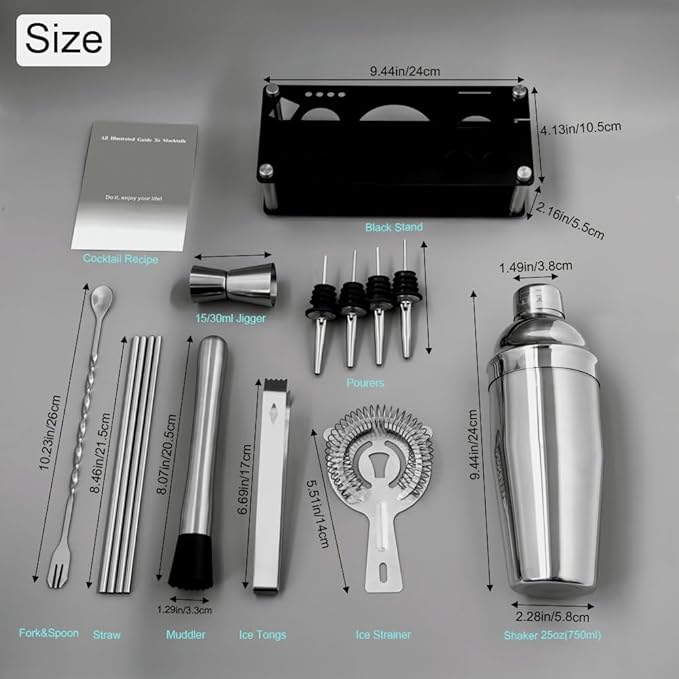 14-Piece Cocktail Shaker Set Bartender Kit with Black Stand, Bar Tool Set for Drink Mixing Bartending Kit Bar Sets Accessories: 750ml(25oz) Shaker, Jigger, Muddler, Cocktail Recipes (Silver)-HomvellaHome