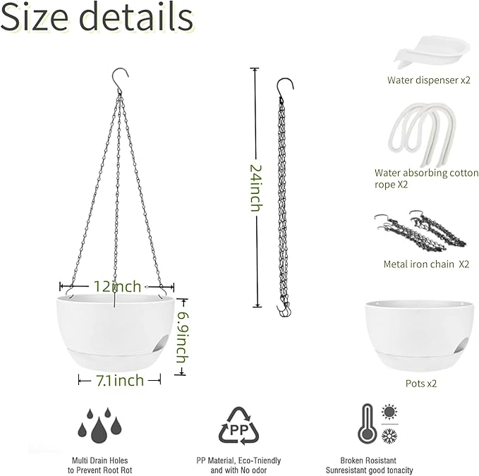 2 Pack Hanging Planters for Indoor Outdoor Plants, 8 Inch Self Watering Hanging Pot with Drainage Holes and Saucer, Plastic Plant Pots, White Flower Pots for Kitchen, Balcony, Garden-HomvellaHome