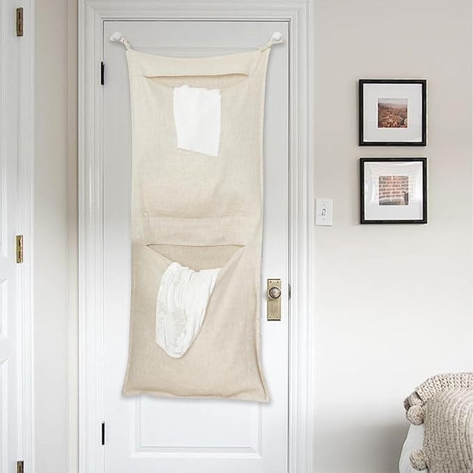 100% Linen Hanging Laundry Bag with 2 Compartments, Over the Door Laundry Hamper, Dirty Clothes Space Saving Organizer 19.7 x 47 Inches, Linen-HomvellaHome