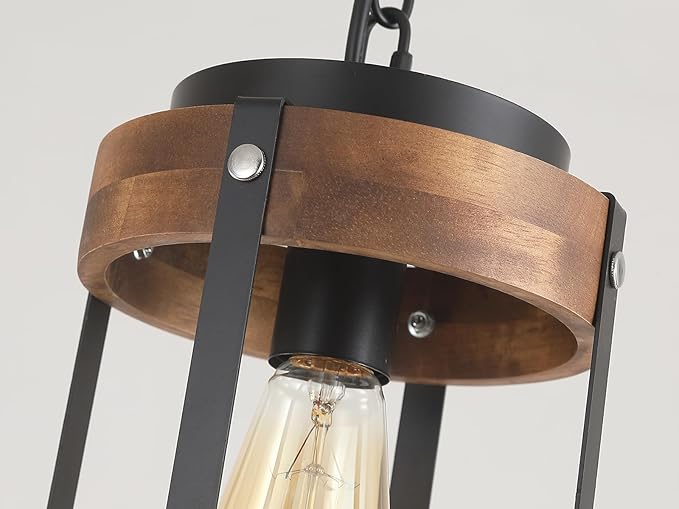 2 Pack Rustic Farmhouse Wood Pendant Light Fixture One-Light Adjustable Chain Oak Wood and Metal Drum Cage Small Pendant Lighting for Kitchen Island Sink Hallway Farmhouse Bathroom Bar, Black-HomvellaHome