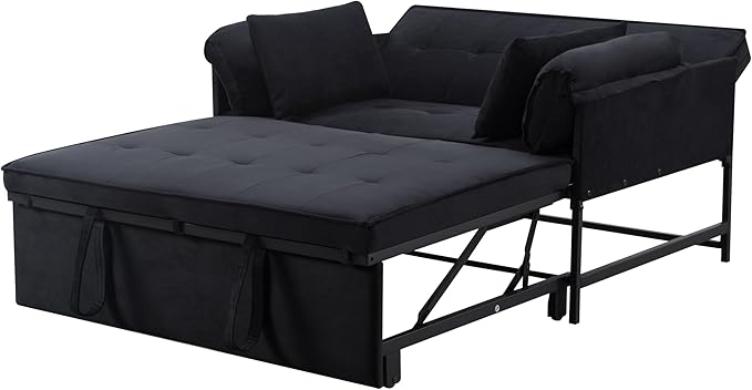 Pull Out Sofa Bed, 46” Futon Couch with Convertible Sleeper, Velvet Pull Out Couch with Adjustable Backrest, Small Sofa Bed with 2 Pillows for Living Room Office Guest Room, Black-HomvellaHome