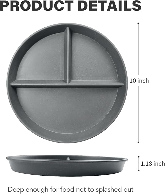 greenandlife 10 Inch 4PCS Unbreakable Portion Control Plates, Divided Plates for Kids Adults, Dishwasher & Microwave Safe Compartment Plate, Lightweight Reusable Wheat Straw plate, BPA Free-HomvellaHome