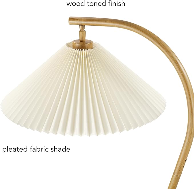 GLOBE Electric x Novogratz 61000043 62" Floor Lamp, Wood Toned, White Pleated Shade, Pivot Joint on Shade, On/Off Foot Switch, Black Cord, Modern Lighting for Living Room or Office-HomvellaHome