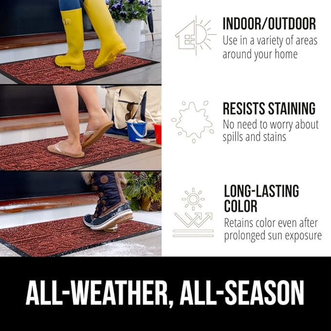 GORILLA GRIP 100% Waterproof All-Season WeatherMax Doormat, US Designed Natural Rubber, Stain and Fade Resistant, Low Profile Indoor Outdoor Door Mats, Easy Clean Patio Mat, 17x29, Burgundy Leaves-HomvellaHome