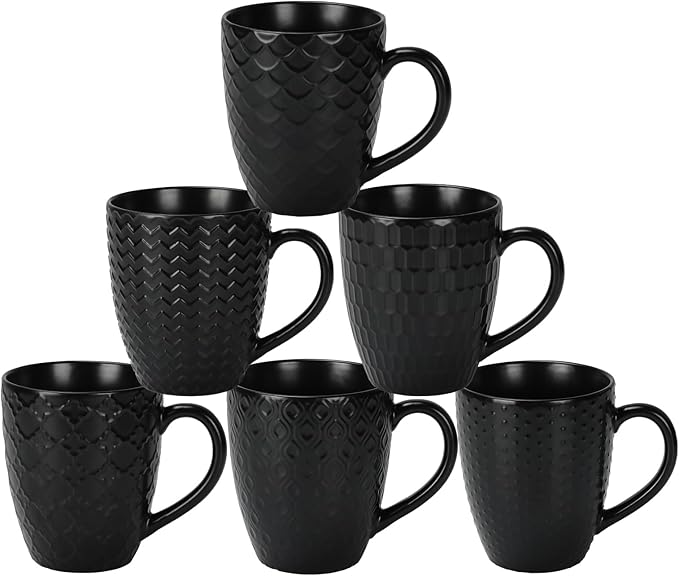 16 OZ Bone Coffee Mugs Set of 6 Matte Black, Large Ceramic Coffee Mugs Set with Different Texture Patterns, Porcelain Cups with Handle for Espresso Latte Tea Milk-HomvellaHome