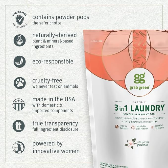 Grab Green 3-in-1 Laundry Detergent Pods, 24 Count, Gardenia Scent, Plant and Mineral Based, Superior Cleaning Power, Stain Remover, Brightens Clothes-HomvellaHome
