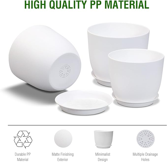 12/10/9 inch Large Plant Pots, 3 Pack Modern Decorative Plastic Planters with Drainage Holes and Saucers, Flower Pots for Indoor Outdoor Plants, White-HomvellaHome
