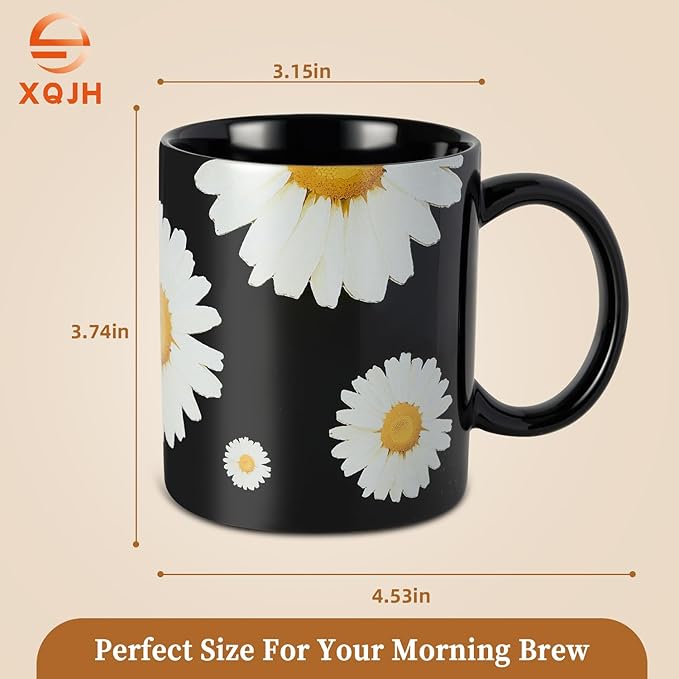 12Oz Daisy floral Black Ceramic Mug, Mug for Daily Coffee and Tea, Lead-free Microwave and Dishwasher Safe Coffee Mug, Perfect gifts for Women and men-HomvellaHome