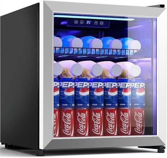 1.77 Cu.Ft Beverage Fridge, Mini Fridge With Glass Door, Beverage Cooler Refrigerator, Wine Drink Beer Fridge, Adjustable Shelves & Digital Temperature Display, 16 Bottle 68 Can, Silver-HomvellaHome