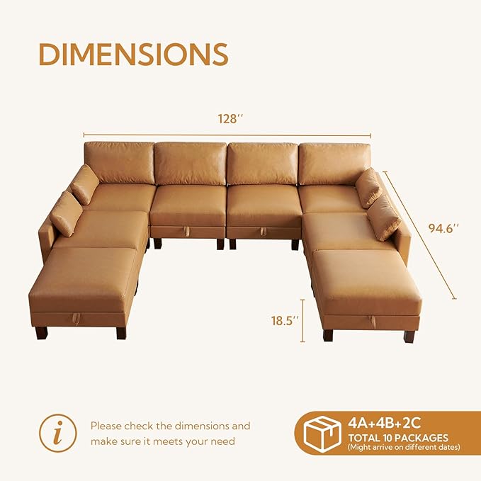 128'' Sleeper Couch, Large Sofa Bed with Storage, Faux Leather 8 Seater Sofa, Mid Century Modern Couch Sofa for Living Room, Guest Room, House, Apartment, Office, Loft, Tan-HomvellaHome