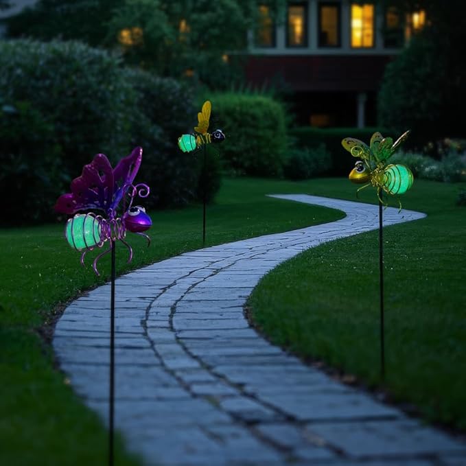 Garden Decor for Outside,3 Pcs Luminous Insect Garden Decorative Stakes,Glow in The Dark Bee Lights Metal Yard Art,Waterproof Outdoor Spring Lawn Patio Pathway Decoration for Mom,Women,Grandma-HomvellaHome