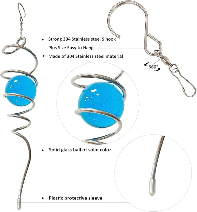 Gazing Ball Spiral Decorative Wind Spinner Tail with Blue Glass Orb,Wind Spinner Spiral Stabilizer,Hanging Visual Illusion in Spinning Yard Art Decor,Indoor Outdoor Garden Decoration-13 in-HomvellaHome