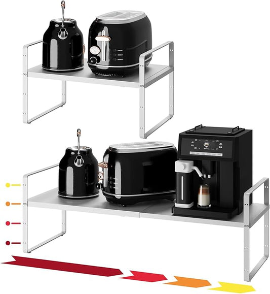 16.5~27.1" Expandable Shelf Organizer, 2Pack 10.2" Wide Stackable Cabinet Shelf Organizers, White Metal Sturdy Kitchen Counter Storage for Countertop, Adjustable Height Spice Rack-HomvellaHome