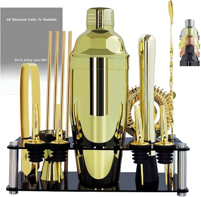 14-Piece Cocktail Shaker Set Bartender Kit with Black Stand, Bar Tool Set for Drink Mixing Bartending Kit Bar Sets Accessories: 750ml(25oz) Shaker, Jigger, Muddler, Cocktail Recipes (Gold)-HomvellaHome