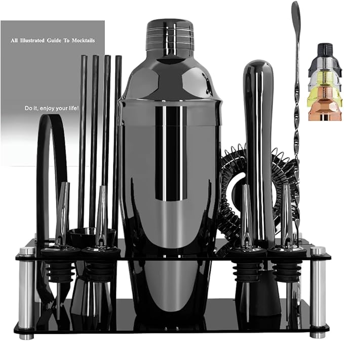 14-Piece Cocktail Shaker Set Bartender Kit with Black Stand, Bar Tool Set for Drink Mixing Bartending Kit Bar Sets Accessories: 750ml(25oz) Shaker, Jigger, Muddler, Cocktail Recipes (Black)-HomvellaHome