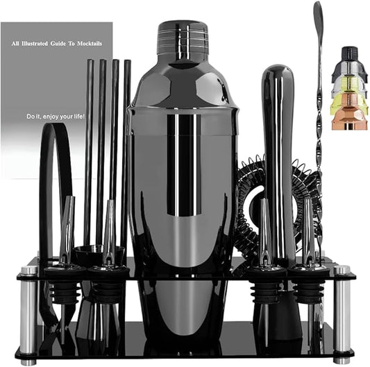 14-Piece Cocktail Shaker Set Bartender Kit with Black Stand, Bar Tool Set for Drink Mixing Bartending Kit Bar Sets Accessories: 750ml(25oz) Shaker, Jigger, Muddler, Cocktail Recipes (Black)-HomvellaHome