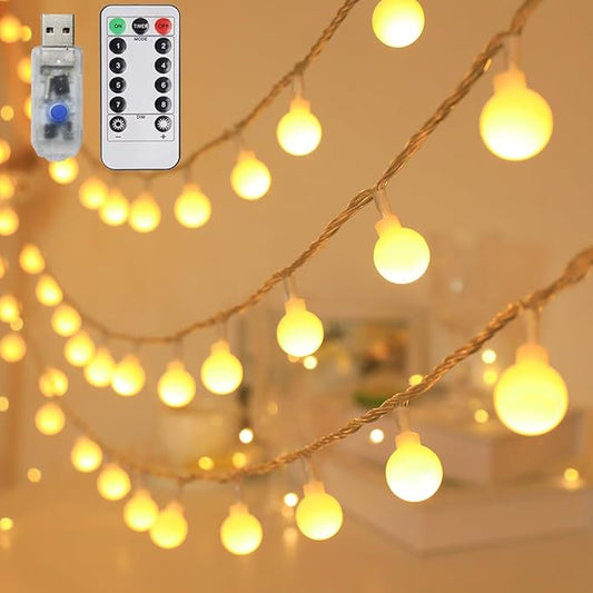 Globe String Lights 65.6 Ft. 120LEDs 8 Modes with Remote,USB Fairy Lights Plug in,Waterproof LED String Lights for Indoor Outdoor Bedroom Party Wedding Garden Christmas Tree Decor,Warm White-HomvellaHome