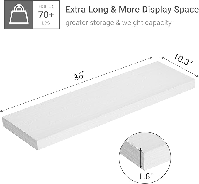 10 inches Deep Floating Shelves 36 inch Long, Wall Shelves Heavy Duty 70 lbs for Bedroom, Bathroom, Living Room, Kitchen, Office, Modern Shelf Home Decor with Invisible Bracket, White-HomvellaHome