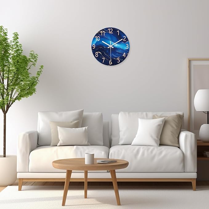 Glass Wall Clocks Battery Operated 14 Inch Modern Abstract Wall Clock for Bedroom Blue Wall Clock Silent Non Ticking-HomvellaHome