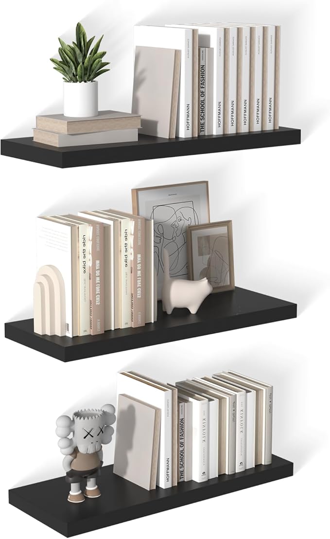 12 Inch Deep Floating Shelves for Wall 3 Pack Floating Shelves Large Storage Space Wall Mount Shelf for Living Room Kitchen Bathroom 30" W x 12" D x 1.2" H Black-HomvellaHome