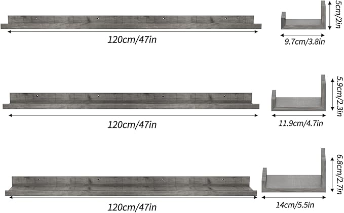 Giftgarden 47 Inch Gray Floating Shelves for Wall Mount, Grey Wood Wall Shelf Ledge for Bathroom Bedroom Living Room Kitchen Storage, Set of 3 Different Sizes-HomvellaHome