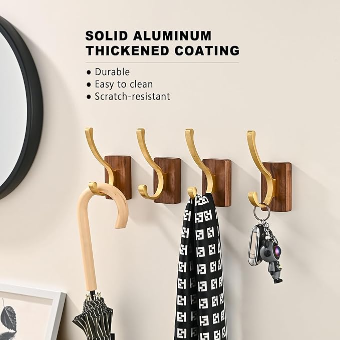 2 Pack Wooden Wall Hooks for Hanging, Adhesive Mounted Wall Mounted Boho Decorative Nature Wood Coat Hook for Towel Clothes Blanket Hat Backpack Robe Nursery Door Board Entryway Key Holder Gold-HomvellaHome