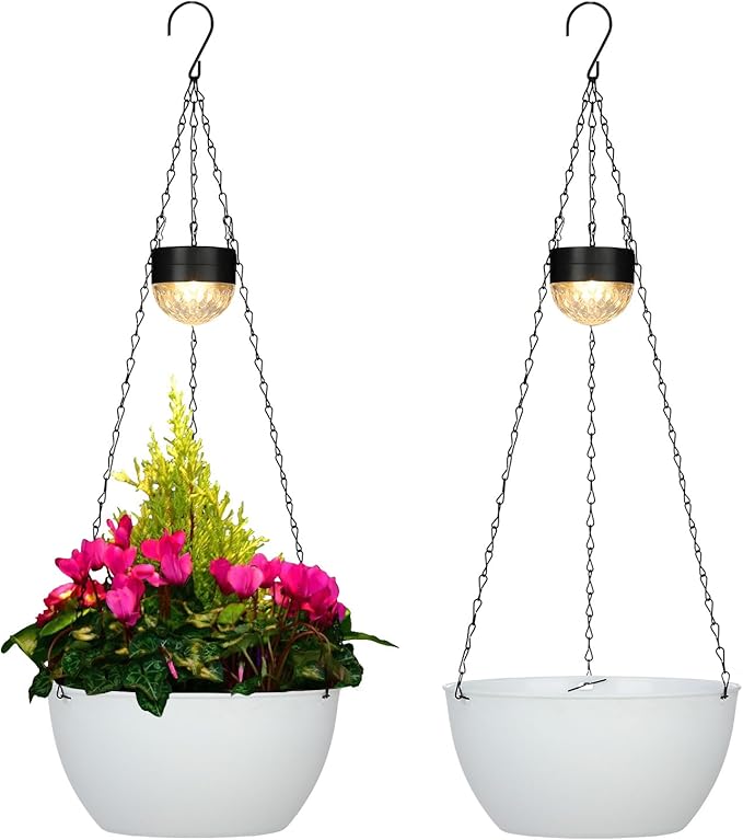 2 Packs Solar Hanging Basket Planters for Plants Outdoor, Self Watering White Flower Plants Pots with Solar Light Drainer for Balcony Patio Garden Outdoor Decoration-HomvellaHome