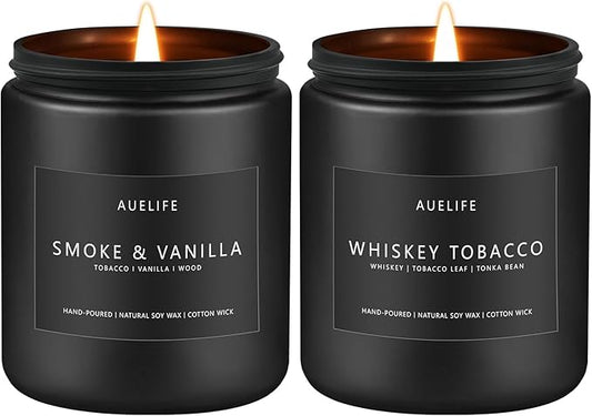 2 Pack Candle | Smoke & Vanilla + Whiskey Tobacco - Candles for Men - Masculine Candle, Soy Candles for Home Scented - Gifts for Men, Home Fragrance Manly Gifts - Each of 7oz-HomvellaHome