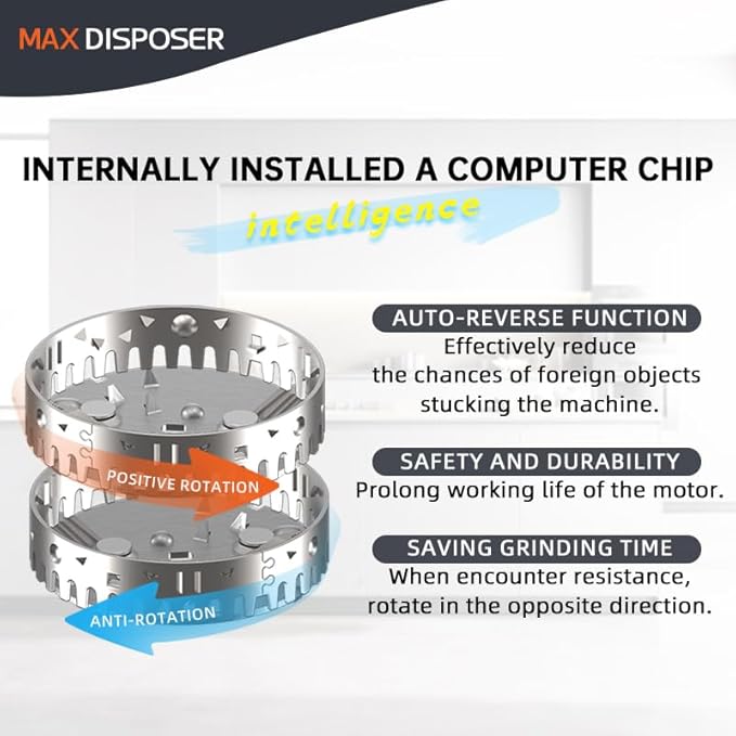 Garbage Disposal 1 HP Ultra Quiet Intelligent Auto-Reverse Function Continuous Feed Food Waste Disposer with Power Cord Easy install, AC Motor Stainless Steel Grind 1 Horsepower (MAX-6)-HomvellaHome