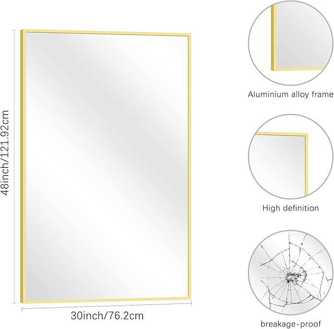 Gold Bathroom Mirror for Wall, 30x48 Inch Rectangle Mirrors with Metal Frame, Modern Vanity Wall Mirror Decor for Bathroom Living Room, Entryway Hangs Horizontal or Vertical-HomvellaHome