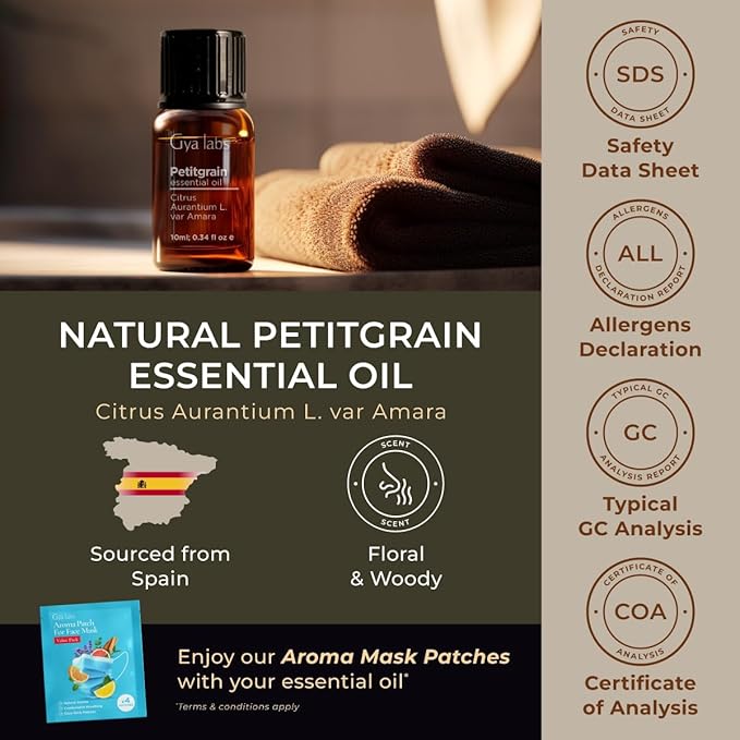 Gya Labs Petitgrain Essential Oil for Skin - 0.34 Fl Oz - 100% Pure Natural Petitgrain Oil for Diffuser, Hair, Aromatherapy, Massage & Candle Making Scent-HomvellaHome