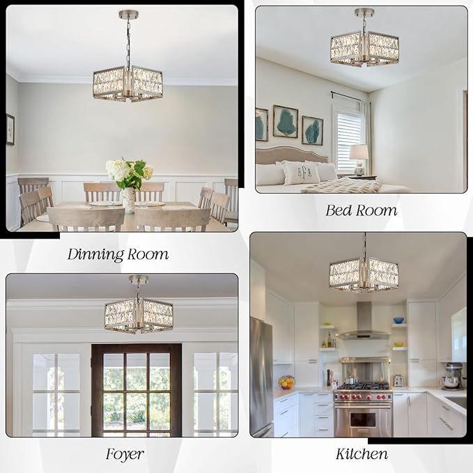 12” 4-Light Modern Crystal Chandeliers Nickel Dinning Room Light Fixture, Square Pendant Light Kitchen Island Chandelier, Flush Mount Ceiling Light for Living Room Entryway Bedroom Foyer-HomvellaHome