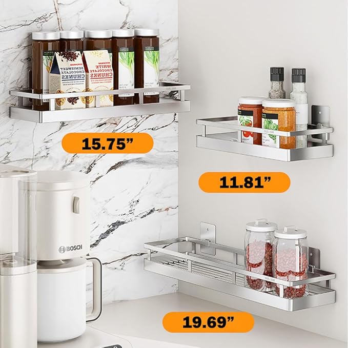 19.69Inch Spice Rack Organizer, SUS304 Stainless Steel Wall Mount Spice Rack Storage Basket, Kitchen Racks, Nail-Free Installation-HomvellaHome