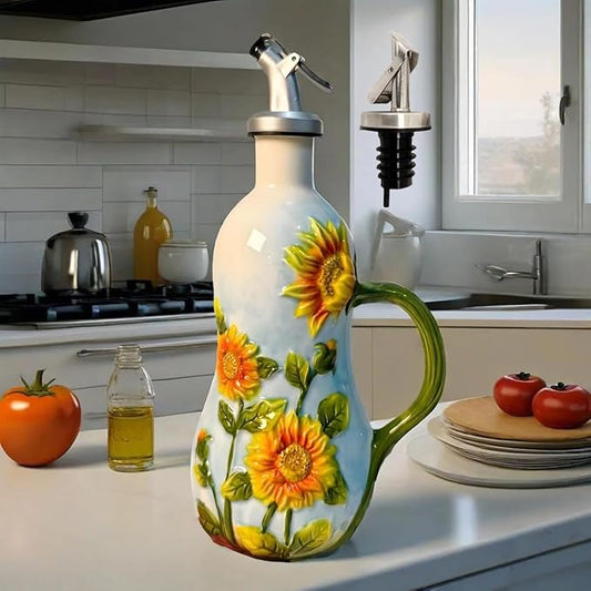 18 Oz Hand Painted Relief Ceramic Olive Oil Bottle Dispenser for Kitchen, Oil and Vinegar Bottle, Seasoning Bottle with Stainless Steel Nozzle, 540mL Oil Container with Handle for Cooking, Light Proof-HomvellaHome