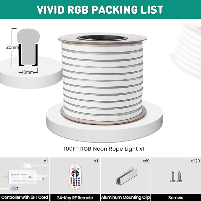 GZBtech RGB LED Neon Rope Lights 100FT/30M, AC 110-120V Waterproof Color Changing LED Rope with Remote Controller, Dimmable Multi Color Neon Rope Lighting for Indoor Outdoor Commercial Use-HomvellaHome