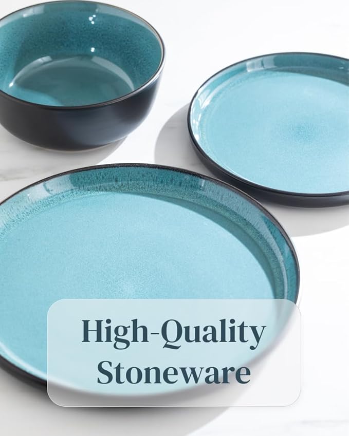 12 Piece Dinnerware Sets for 4 - Modern Style Stoneware Dinnerware Set - Scratch Resistant, Dishwasher Safe Plates and Bowls Sets Ceramic, Dish Set, Bowl and Plate Set - Black and Petrol Blue…-HomvellaHome