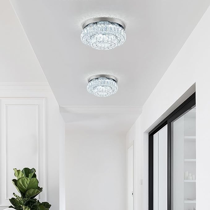 12 Inch Crystal Chandelier LED Ceiling Light 2 Tier Flush Mount Ceiling Light Fixtures Modern Chandelier Lighting for Hallway Bedroom Dining Room Kitchen (Cool White)-HomvellaHome