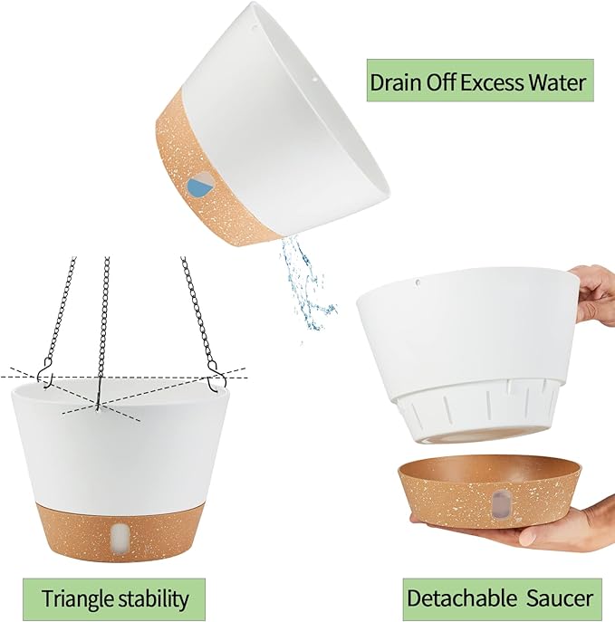 2 Pack 10 Inch Hanging Planters for Indoor Outdoor Plants, Hanging Plant Flower Pot Basket with Drainage Hole with Removable Tray&Hooks Self Watering Plant Pot for Hanging Plants, White-HomvellaHome