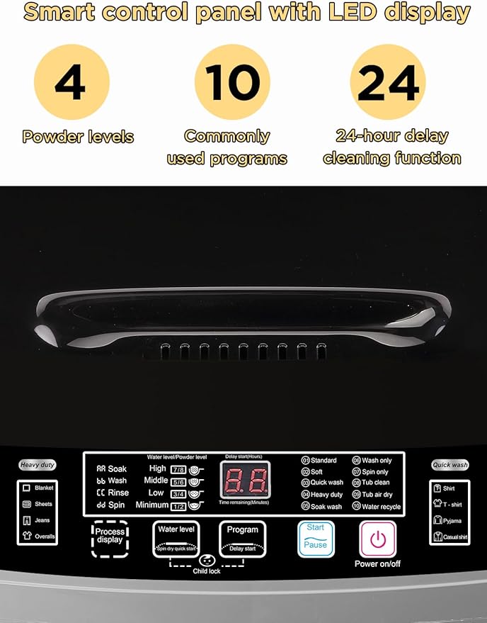 17.7 lbs Full-Automatic Washing Machine with LED Display, Portable Compact Laundry Washer with Drain Pump, 10 Wash Programs 8 Water Levels, Grey-HomvellaHome