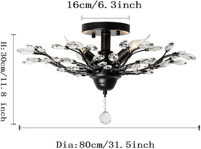 Ganeed Crystal Ceiling Light,Vintage Chandelier, Modern Elegant K9 Crystal Glass Chandelier Flush Mount Ceiling Lighting Fixture for Living Room Bedroom Restaurant Porch- Matte Black - 5 Lights-HomvellaHome