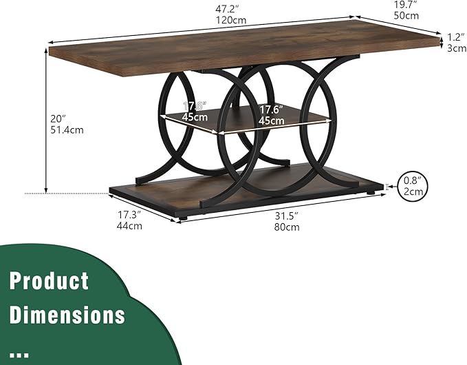GiftGo Rustic Coffee Table with Storage Industrial 3 Tier Center Living Room Table Farmhouse Wooden Rectangle Cocktail Tea Table for Office Bedroom Elegant Full Moon Round Metal Frame (Brown, L-47)-HomvellaHome