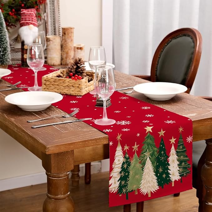 GEEORY Christmas Table Runner 13x120 Inch, Xmas Trees Snowflakes Holiday Decorative Farmhouse Table Decoration for Kitchen Dinning, Indoor Outdoor Dinner Party Decor (Red) GT150-120-HomvellaHome